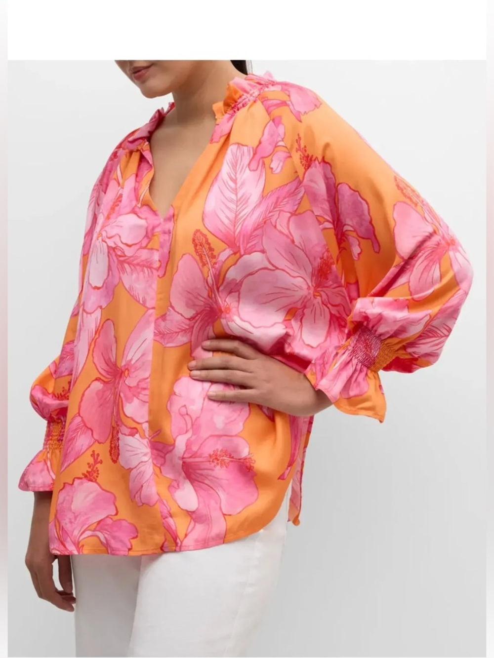 Finley Candace Royal Hawaiian Floral Cotton Blouse Top Orange/Pink - Picture 2 of 11